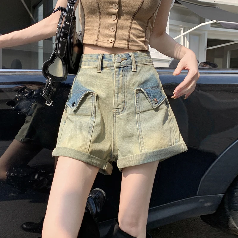 

Ретро джинсовые брюки с манжетами, женские, летние, новый дизайн, с высокой талией, А-силуэт, широкие штанины, синие, длины миди