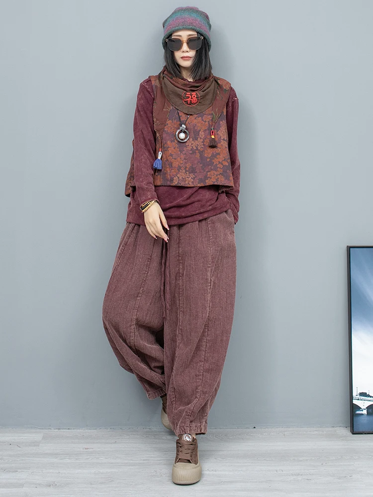 Winter Color Linen Pumpkin Pants Women Loose Stylish Wide Leg Pant LX1062