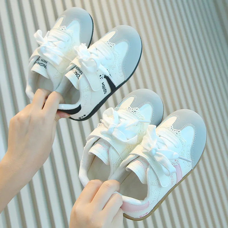 New Girls Spring Autumn Soft-soled Breathable Lace Sneakers Anti-slip Running Shoes Kids Children Lightweight Little White Shoes
