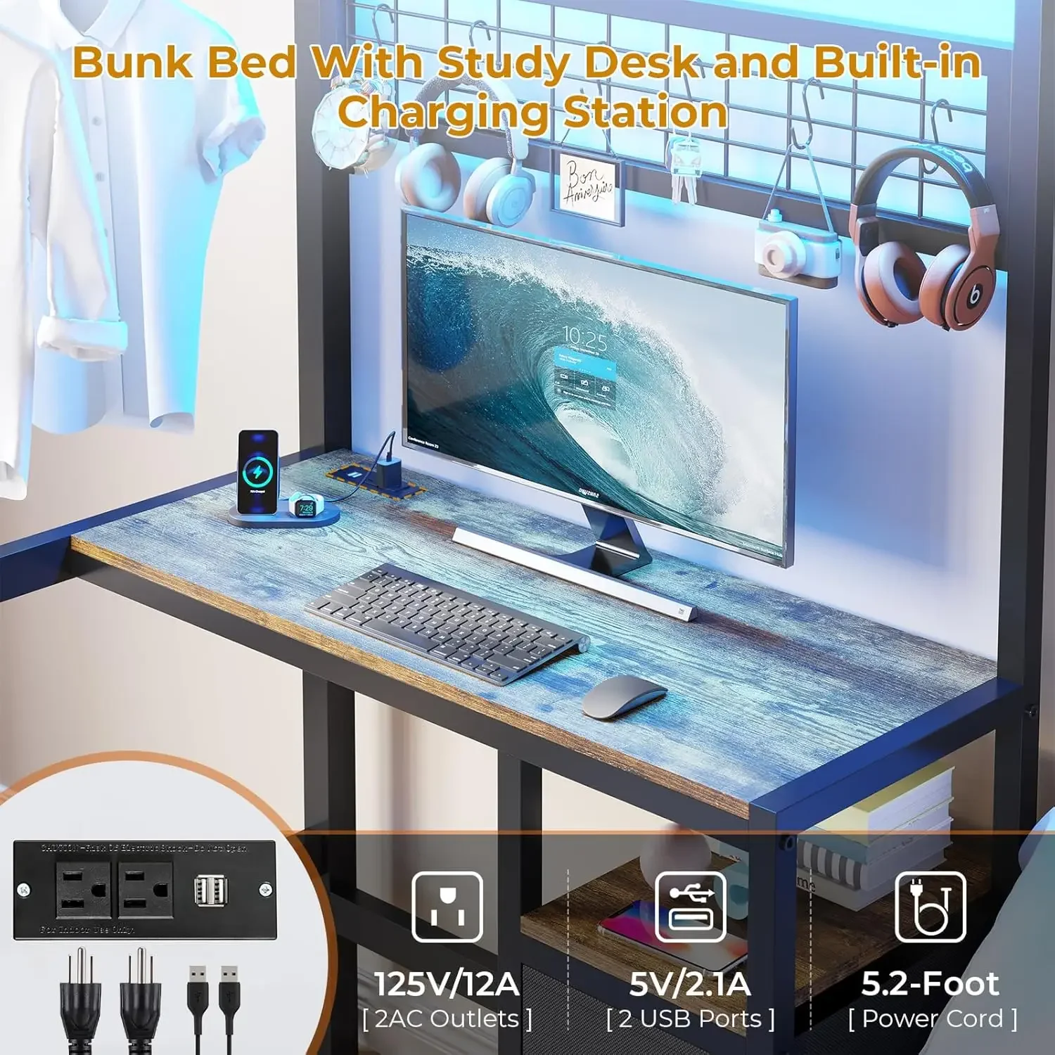 سرير بطابقين مزدوج بحجم مزدوج مع مكتب ومحطة شحن سرير معدني بطابقين على شكل حرف L مع أضواء LED وتخزين