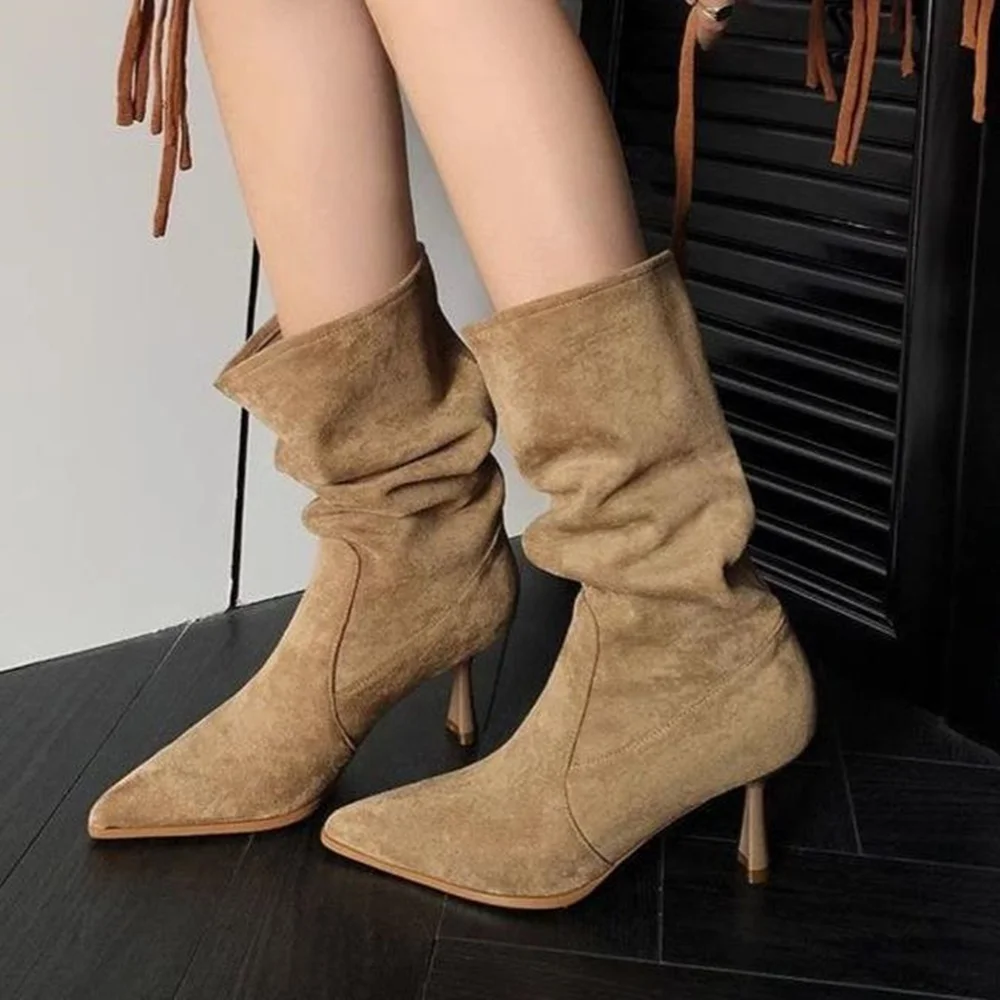 

Suede Pleated Slouchy Ankle Boots Sexy Pointed Toe Thick Heel Sewing New Arrivals Fashion Women Boots