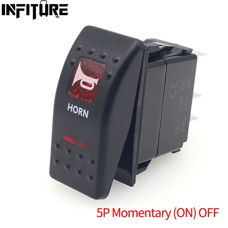 12v/24v Red Led Horn Rocker Switch Boat SPST 5 Pin (ON)-OFF Momentary Rocker Toggle Switch For Boat UTV RZR ATV Car Automotive