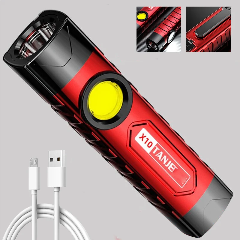 Portable Pocket Mini Flashlight 3 Lighting Modes USB Rechargeable Torch with COB Side Lights Outdoor Emergency Torch