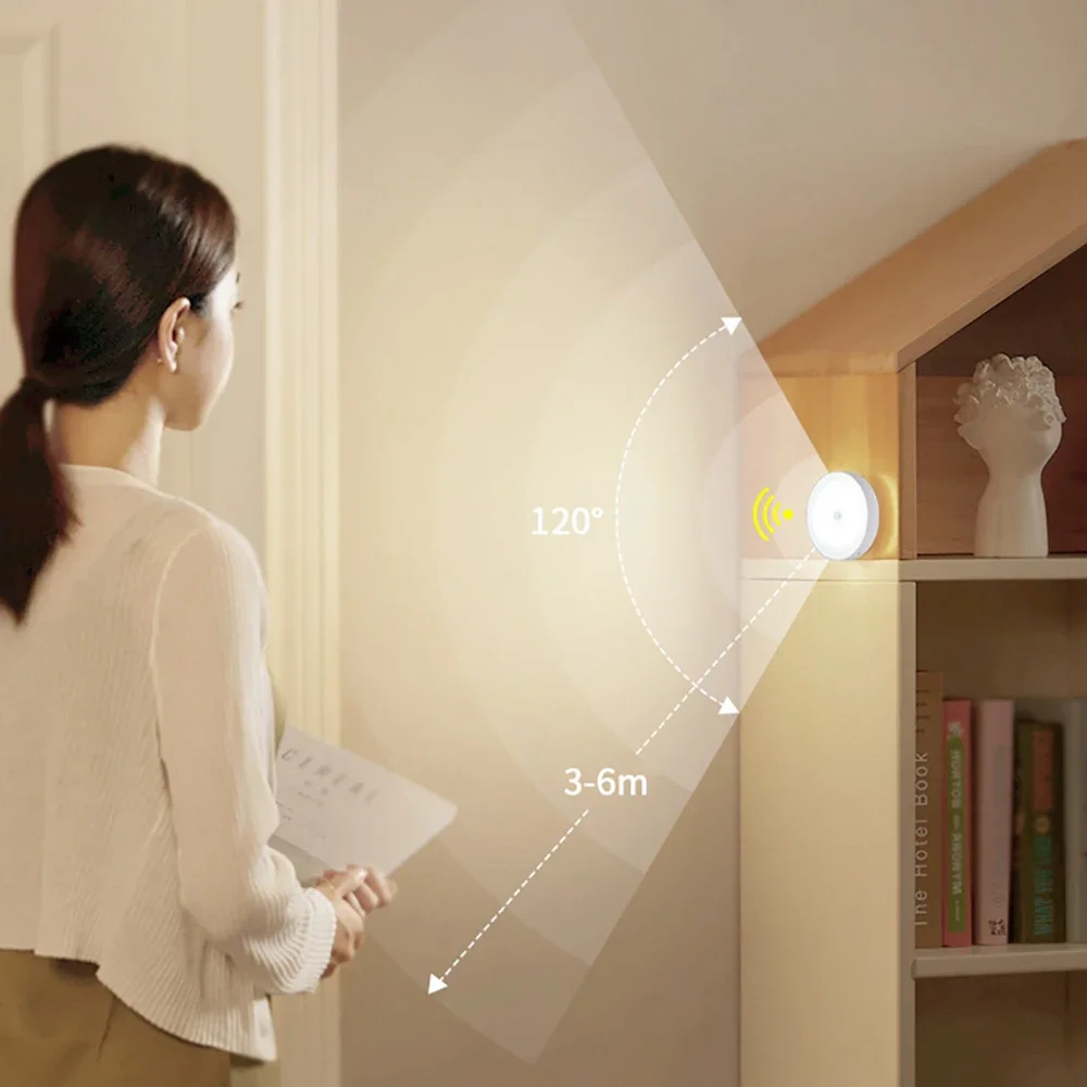 Round Night Light USB Rechargeable Wireless Cabinet Light Motion Sensor LED Closet Light Kitchen Hallway Wardrobe Lamp