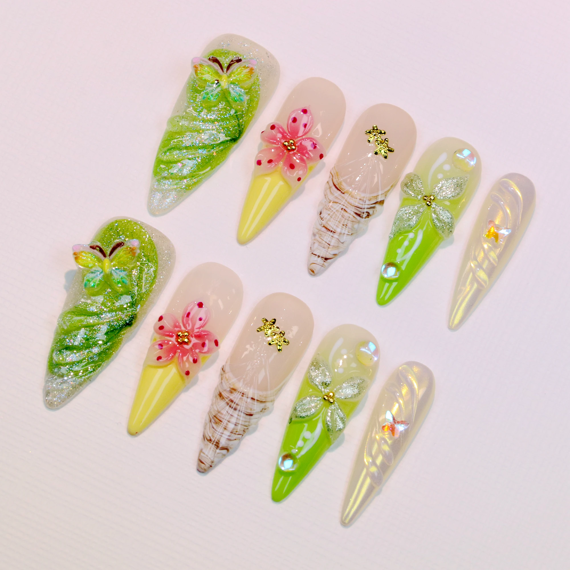 

10Pcs 3D Handmade Nature Floral Long Stiletto Press On Nails,Custom Handmade Reusable Premium Fake Flowers Y2K FreeStyle Nail