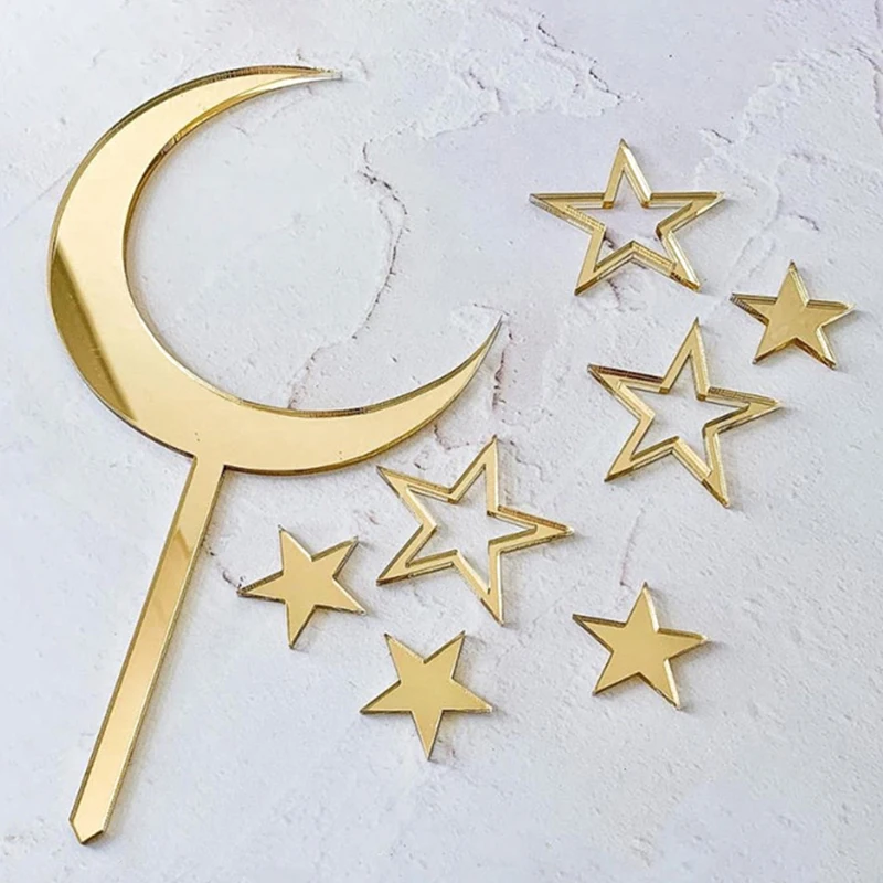 1 Set Acrylic Welcome To The World Stars Moon Birthday Cake Mermaid Tail Toppers For Baby Party Cupcake Decoration Cake Stand
