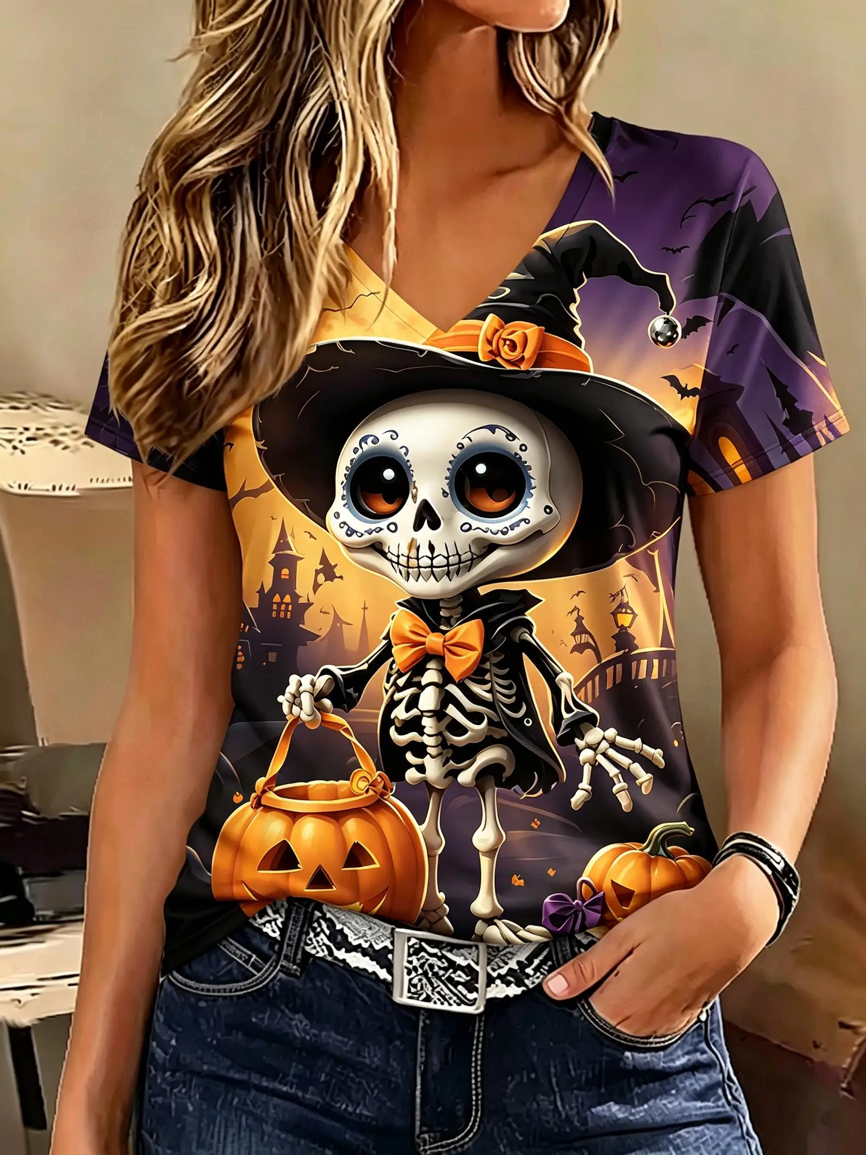 Women V‑Neck Short Sleeve T‑Shirt Halloween Cute Cartoon Print Tee Sugar Skull Witch Pumpkin Castle Bat Graphic Ladies Top