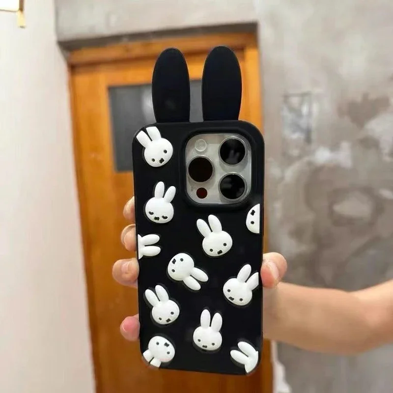 

Cute Miffy Phone Shell Suitable for Iphone 17 16 15 14 Black Cartoon Stereoscopic Rabbit Silicone Anti Drop Phone Case Girl Gift