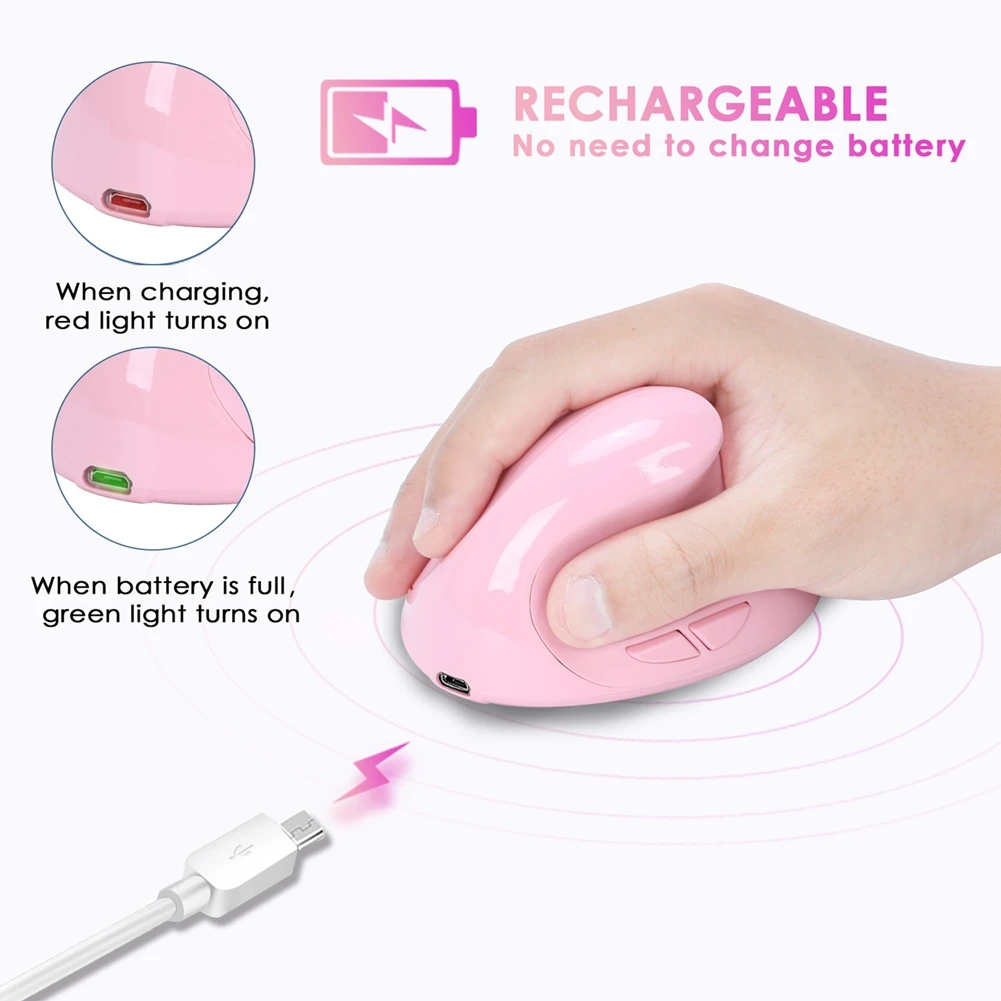 Ergonomic Vertical Mouse Rechargeable Wireless USB 2.4G for Computer Laptop Gaming Mouse Pink