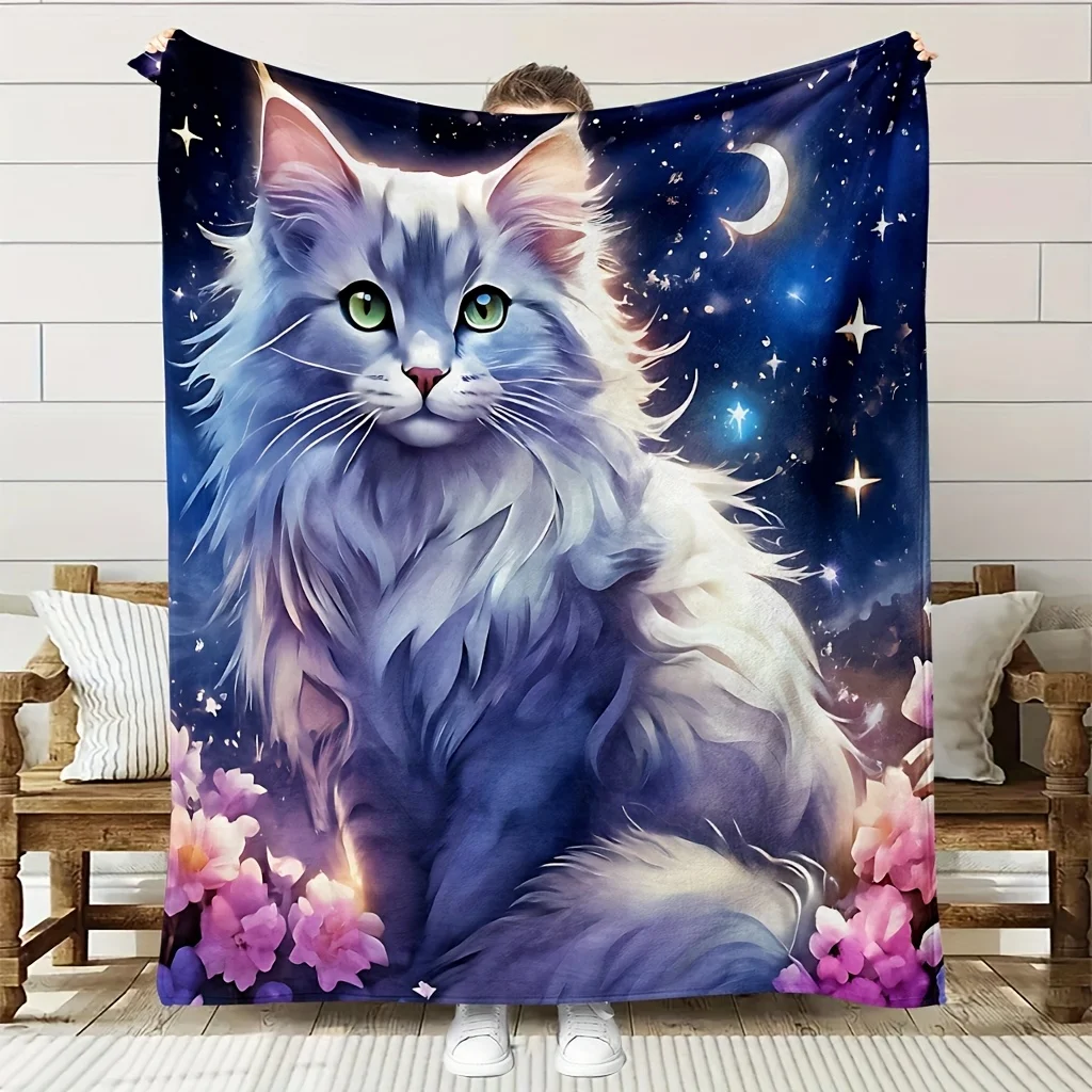 1pc Soft Flannel Cat & Starry Night Blanket - All-Season Cozy Bedspread with Fluffy Tabby Cat, Celestial Design Moon, Stars