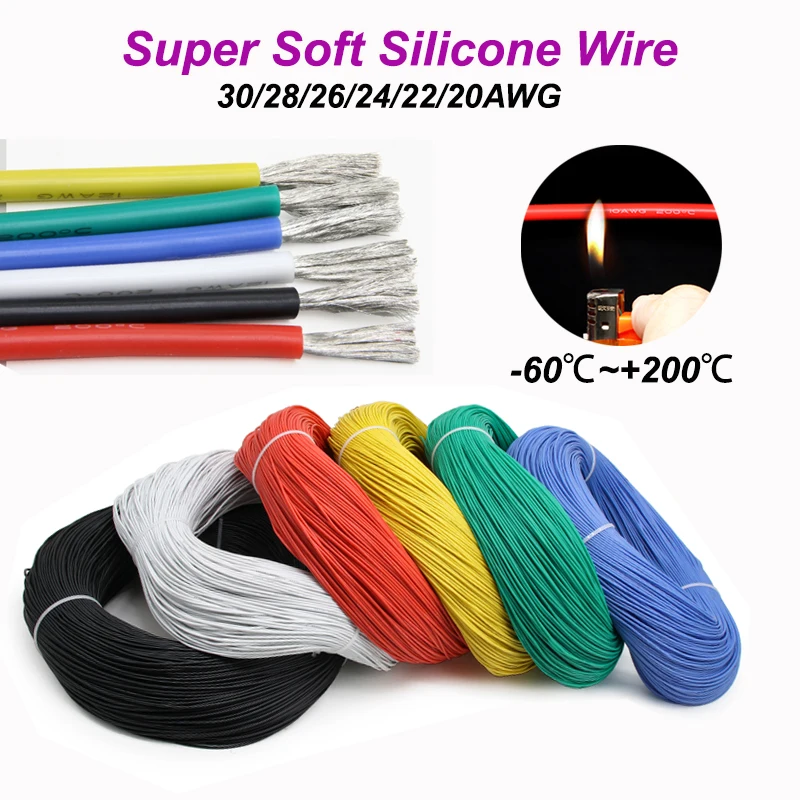 1/3/5/10/20/50M Soft Silicone Rubber Copper Wire 30 28 26 24 22 20AWG Flexible DIY LED Lighting Wires Electrical Power Cable