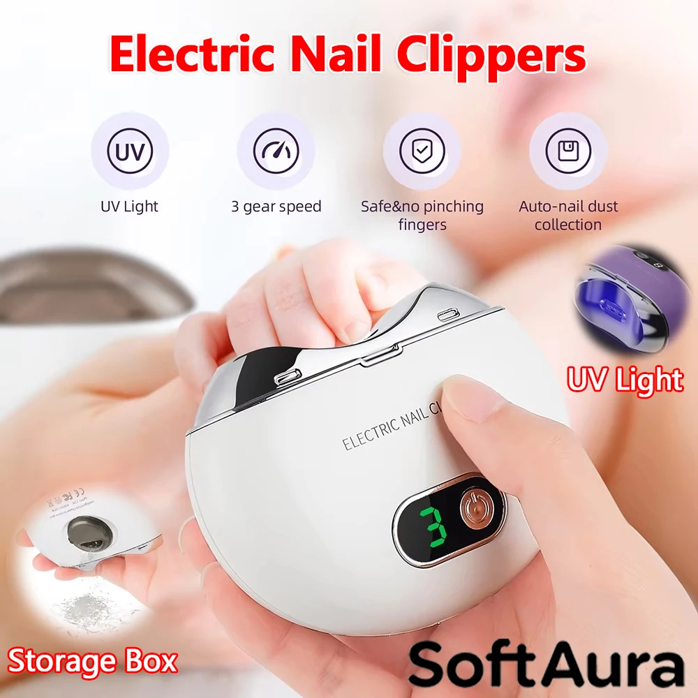 SoftAura  Electric Nail Clipper with UV Light Manicure Grinder Low Noise Safe for Adult Child Finger Toe Nursing Home Care