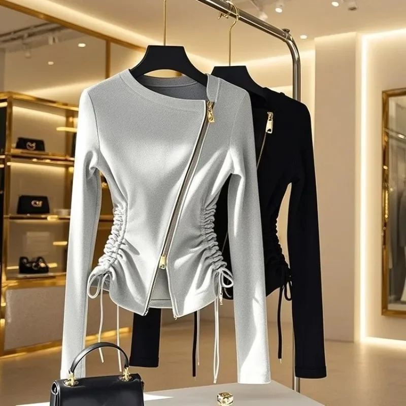 Fashion Side Drawstring Slim Fit Jackets Zipper Asymmetric Short Coats Spring Summer Outerwear Sports Elegant Office Lady