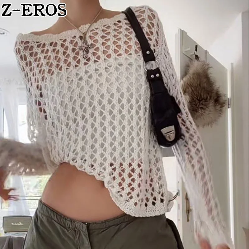 Z-EROS Vintage Hollowed Out Mesh Knit Sweater Round Neck Hole-knit T shirts Casual Loose Long-sleeved Crochet Knit Top Knitwear