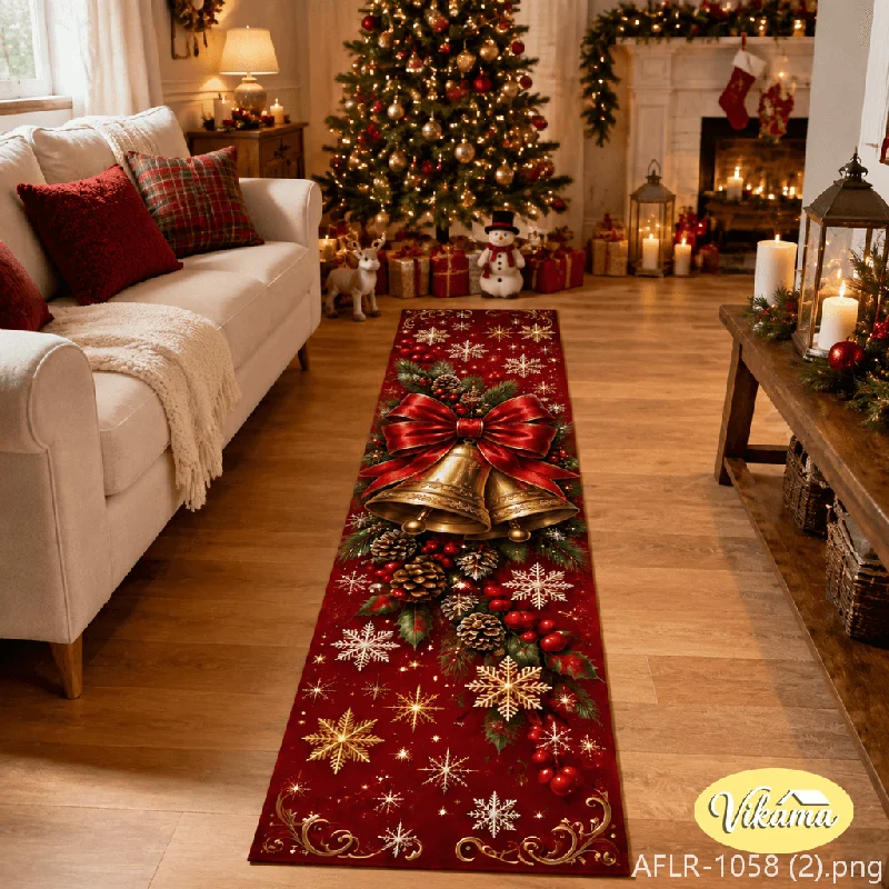 VIKAMA Christmas Golden Bell Bow Runner Rug Snowflake Pine Cone Rug For Hallway Foyer Kitchen Indoor Holiday Home Decor