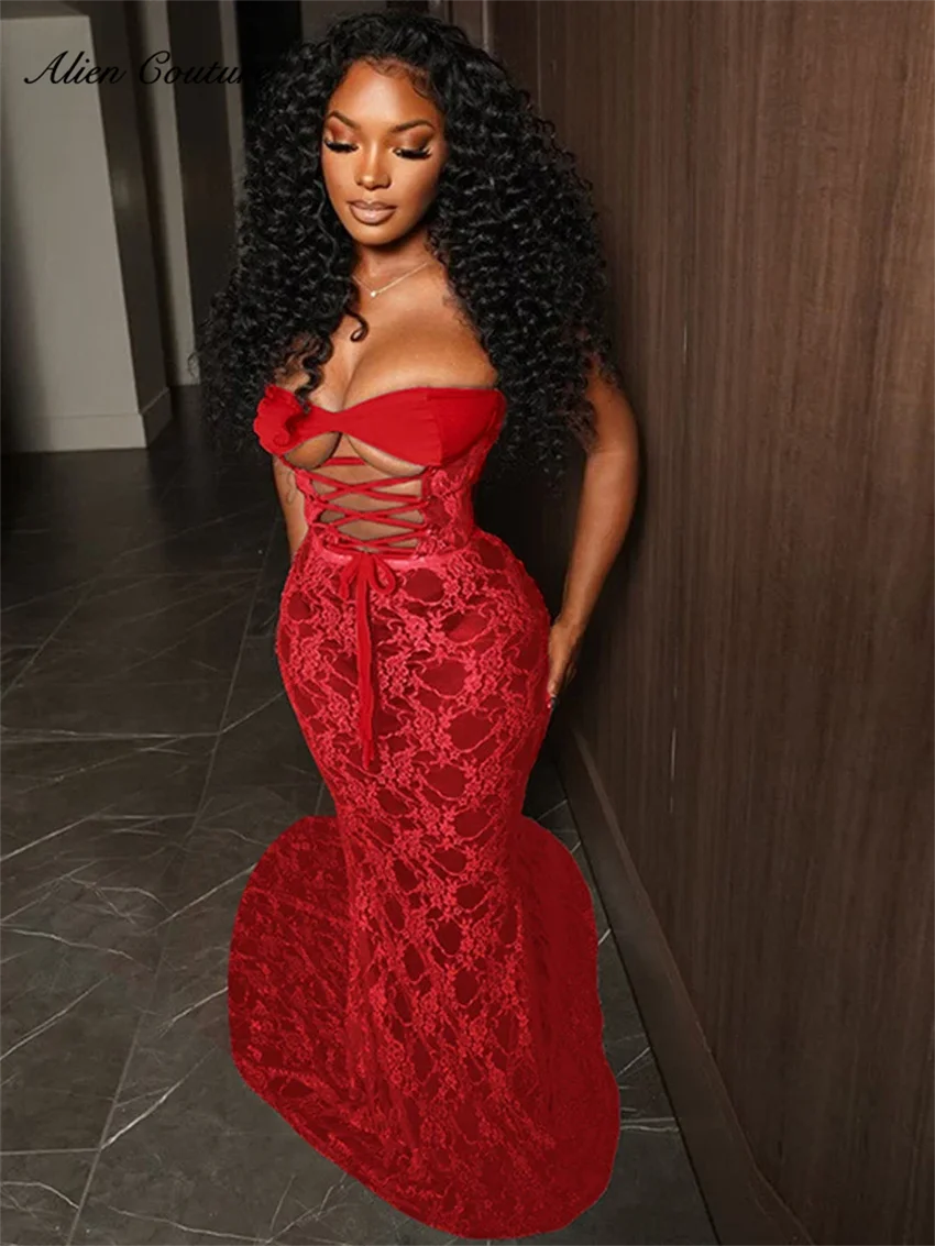 

Sexy Red Strapless Long Prom Dresses For Black Girls 2024 Lace Birthday Luxury Dress Mermaid See-Thru Corset Party Gown