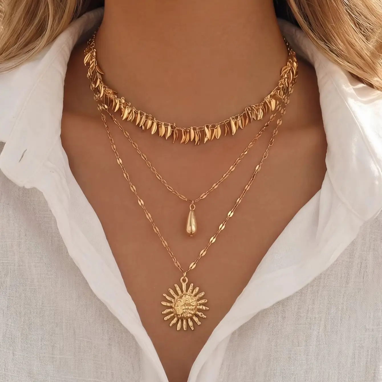 3 Piece Gold Leaf Sun Teardrop Pendant Necklace Set Boho Sta