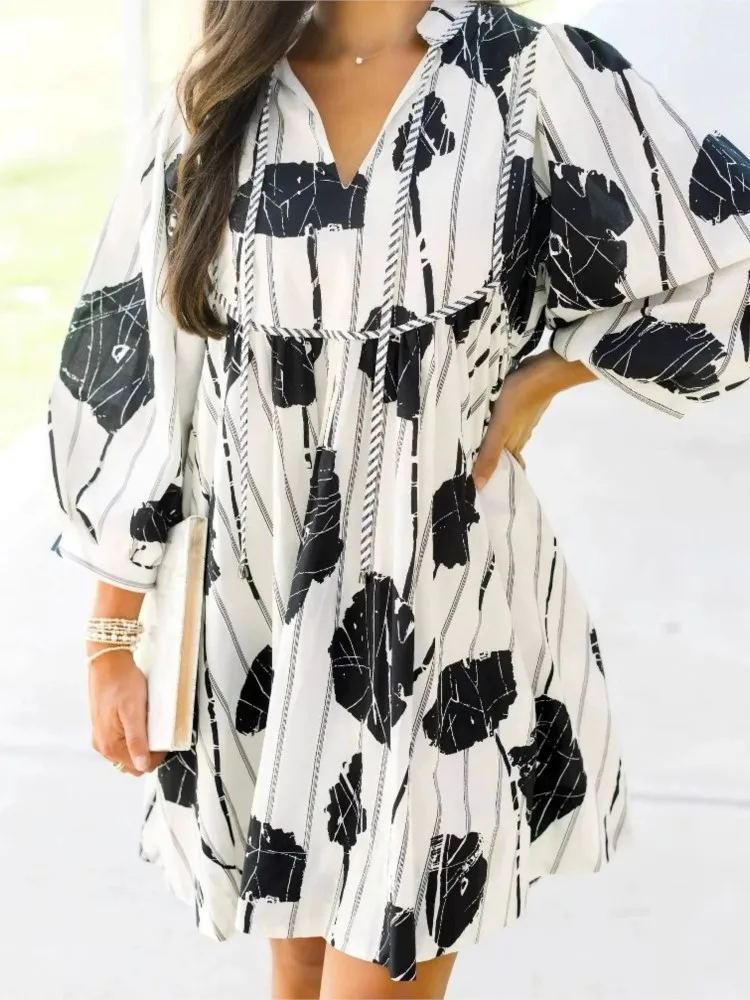 Lady Fashion Floral Print Dress Casual V Neck Lace-Up Three Quarter Loose Mini Dresses For Women Boho Holiday Womens Clothing