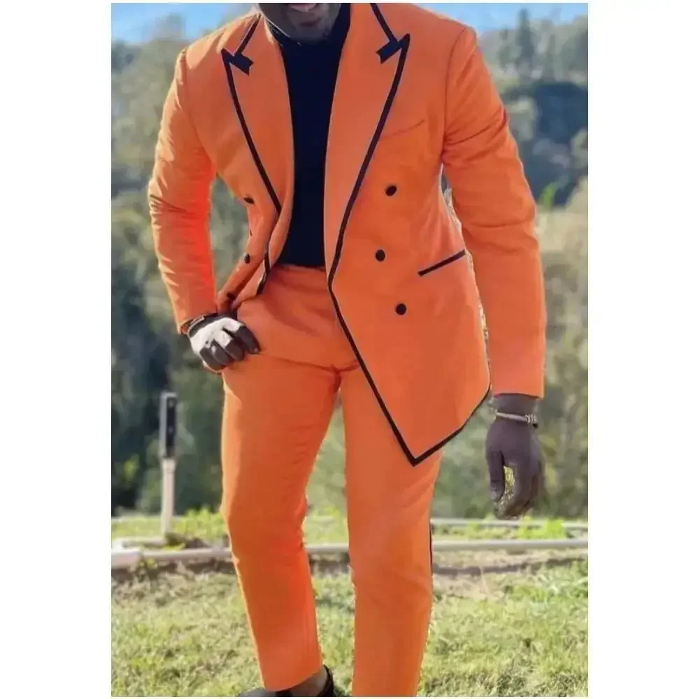 Orange Men Suits 2 Pieces Black Trimming Peaked Lapel Costume Homme Wedding Groom Tailored Made Blazer Sets