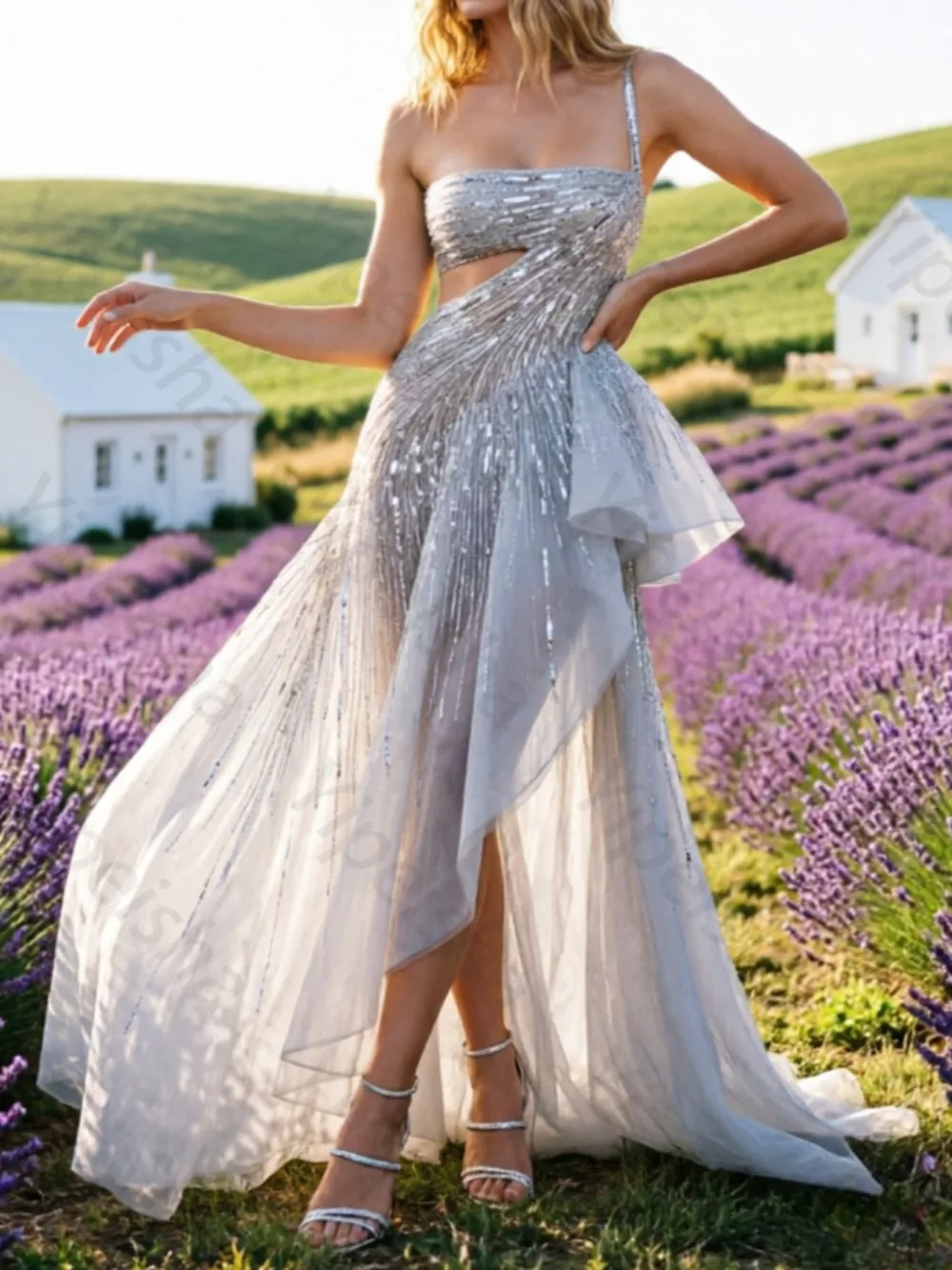Customized 2026 Silver Sequin Prom Dress One Shoulder Cutout High-Low Ruffle Evening Gown Sparkly Asymmetric Party Dress
