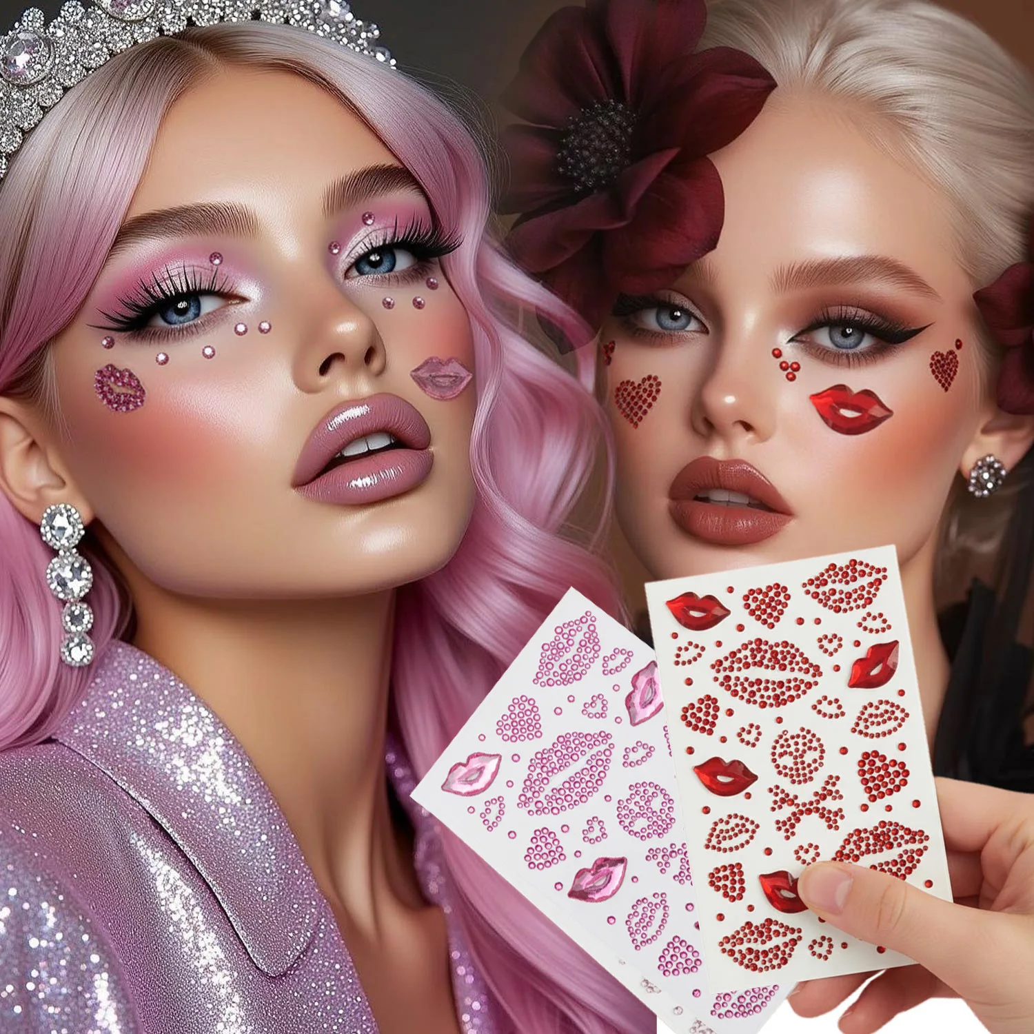 Valentine Crystal Lip Heart Face Gems Self Adhesive Pearl Diamond Rhinestone Stickers for Forehead Makeup Decoration