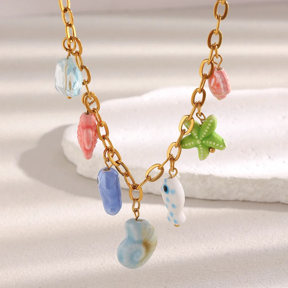 

Fashion Colorful Fish Starfish Sea Turtle Conch Ceramics Pendant Necklace Stainless Steel Adjustable Waterproof female Jewelry