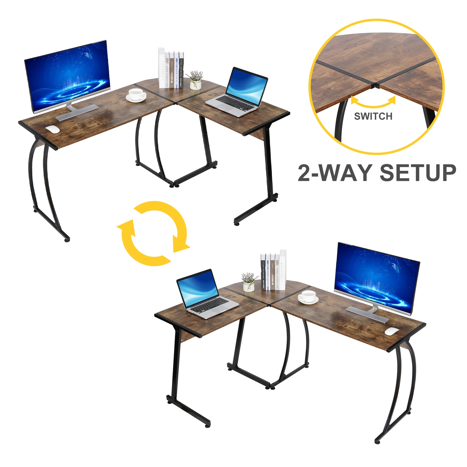 

L Shaped Corner Desk Brown Computer Gaming Table Laptop Workstation Home Office Modern Minimalist Study Desk Space Saving
