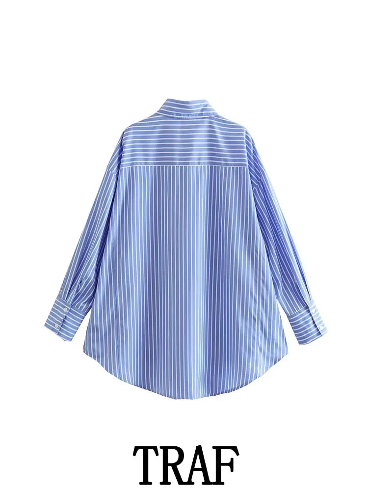 TRAF Women 2024 Pocket Stripe Printed Shirt Fashion Single Breasted Vintage Long Sleeve Spring Autumn Causal Elegant Loose Tops