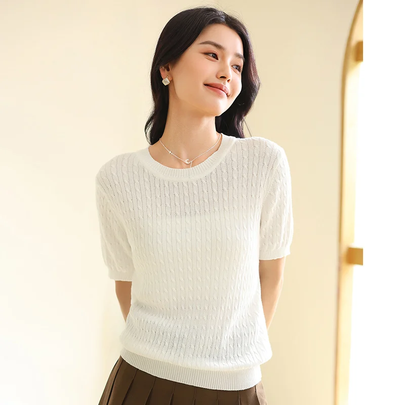 

ZOCEPT Fashion O-Neck Solid Color 100% Cotton Knitted All-match Blouse Women's Short Sleeve Spring Summer New Casual T-shirt