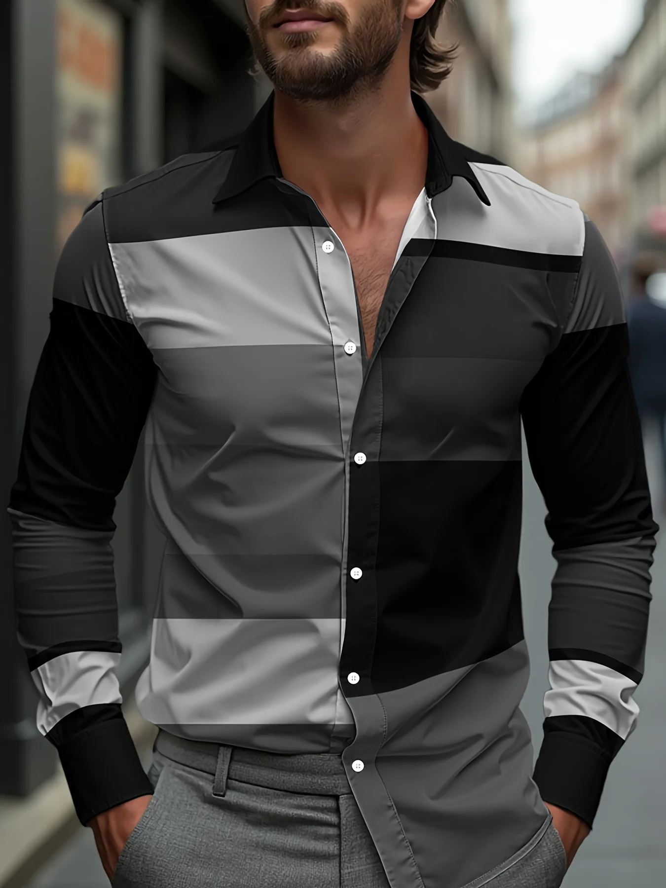 

Новая мужская рубашка с длинными рукавами и геометрическим лоскутным принтом, уличная мода, уличная модная рубашка с лацканами и пуговицами, повседневная одежда для отдыха, топ для пригородных поездок