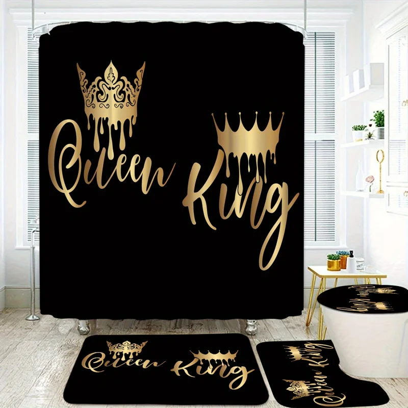 4pcs Crown Letter Pattern Shower Curtain Set, Waterproof Bath Curtain With Hooks, U-shaped Mat, Toilet Cover Mat, L-shaped Mat,