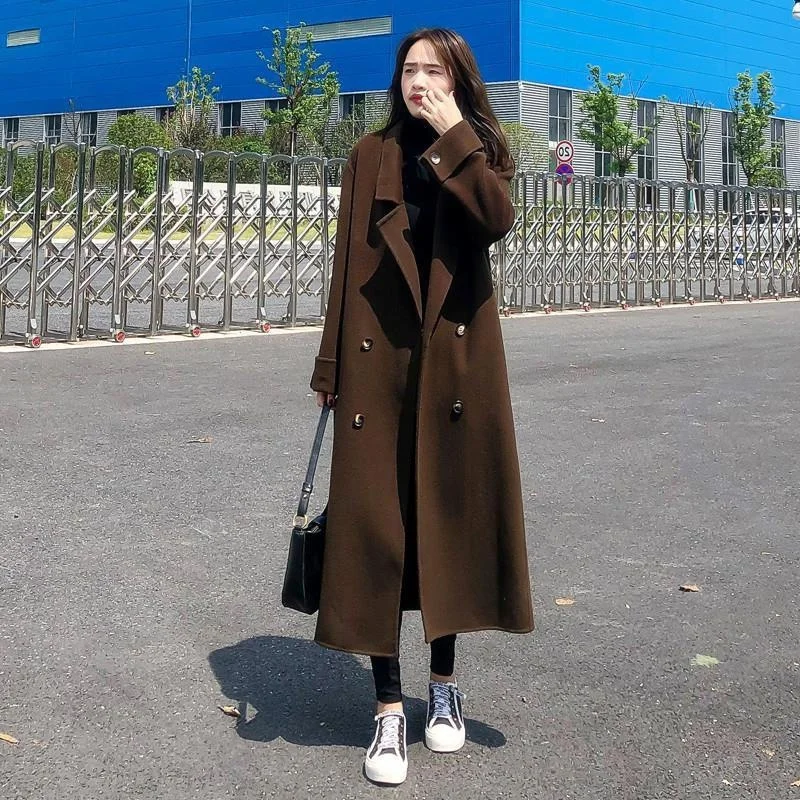 2022 Autumn And Winter New Korean Version Loose Suit Collar Fashion All-match Double-breasted Knee-length Woolen Coat Women