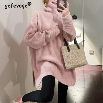 Suéter de malha de gola alta casual simples feminino, pulôver de manga comprida na moda, túnicas, saltadores, outono, inverno, 2023