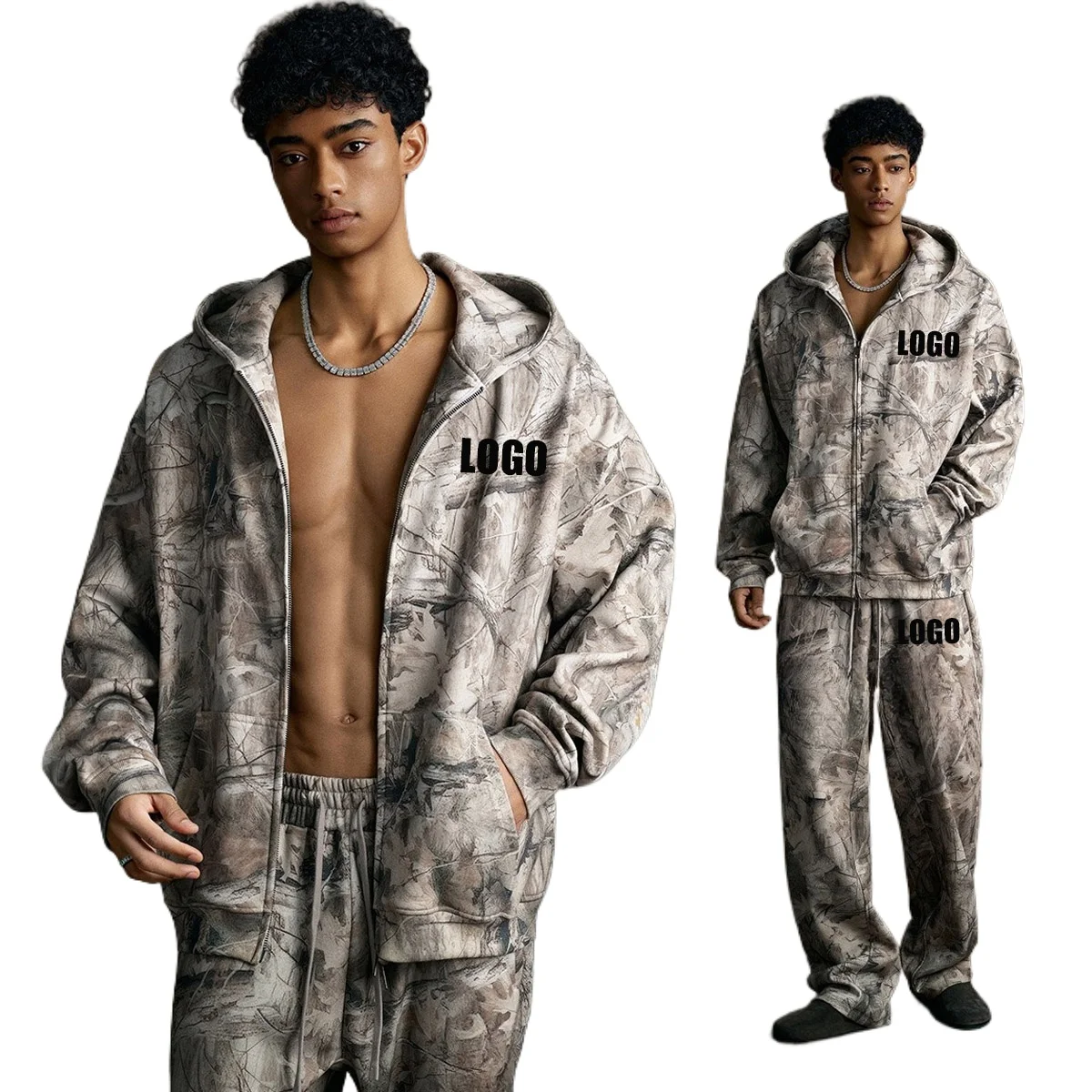 Custom LOGO men's new 340G heavy autumn and winter American camouflage fleece hooded sweatshirt jacket shorts set