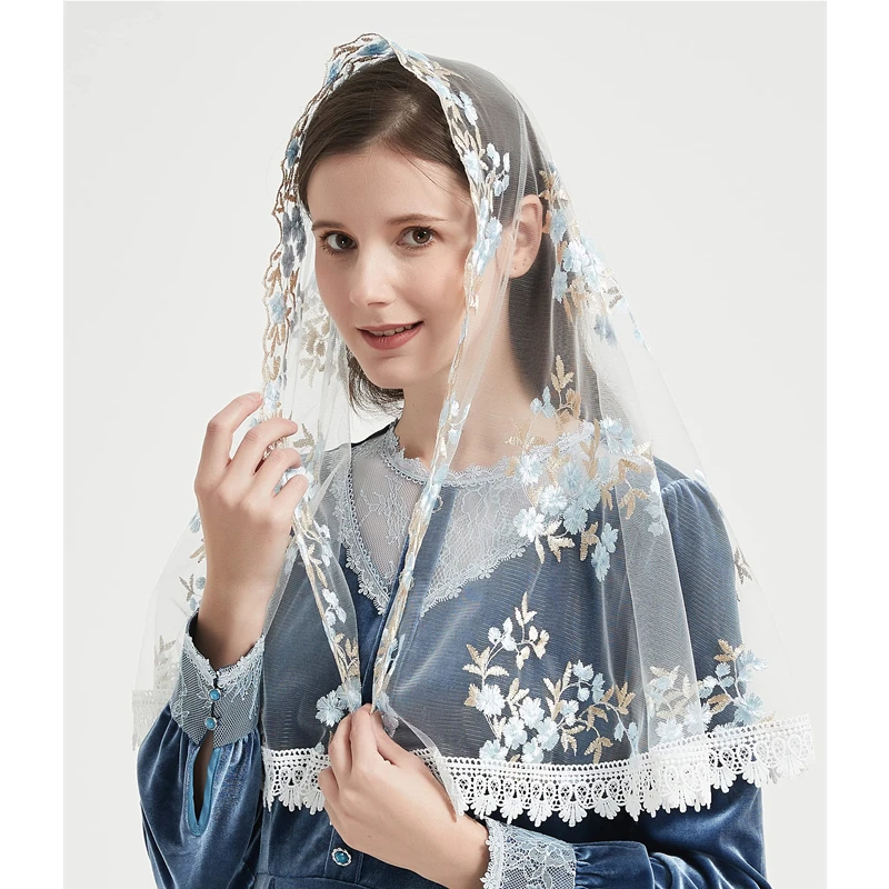 D شكل مانتيلا الحجاب الكاثوليكية أبيض أسود أبيض تول لغطاء رأس الكنيسة الشامل خمر مصلى الأزرق الزهور المطرزة