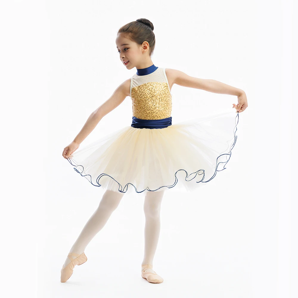 

Kids High Neck Ballet Tutu Dress Gold Sequin Spandex Bodice Soft Tulle Puffy Skirts Ballerina Dance Costume for Girls C25155