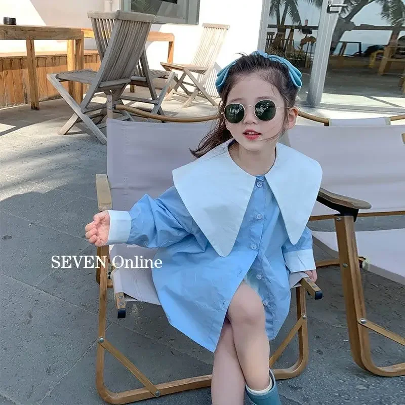 Girls\' Korean-Style Stitching Contrast Color Shirt 2023 Spring New Children Fashionable Stylish Polo Collar Top