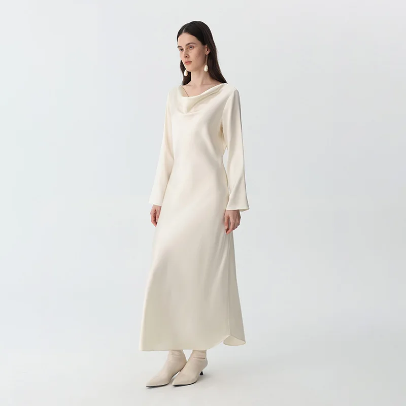 Luxury 30MM 100% Silk Long Dress Women Long Sleeve Back String Tie Maxi Gown Elegant Ivory Bridesmaid Evening Party Formal Gown