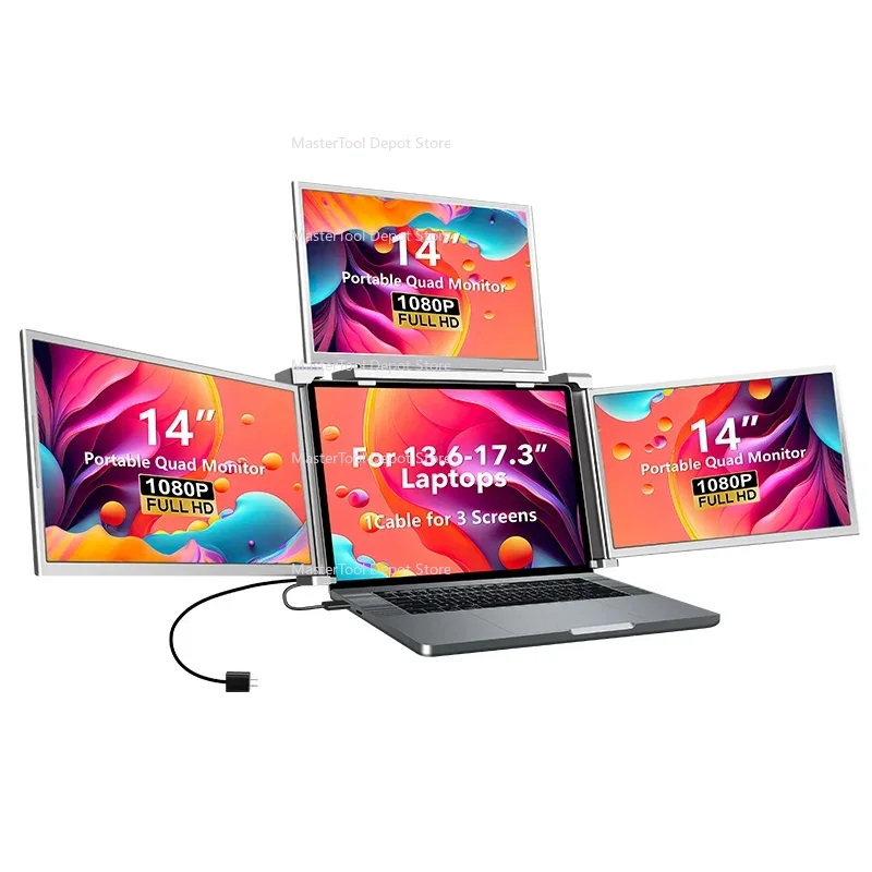 14 inch manufacture Portable quad monitor one cable connection for laptop triple screen with USB C IPS extended monitor