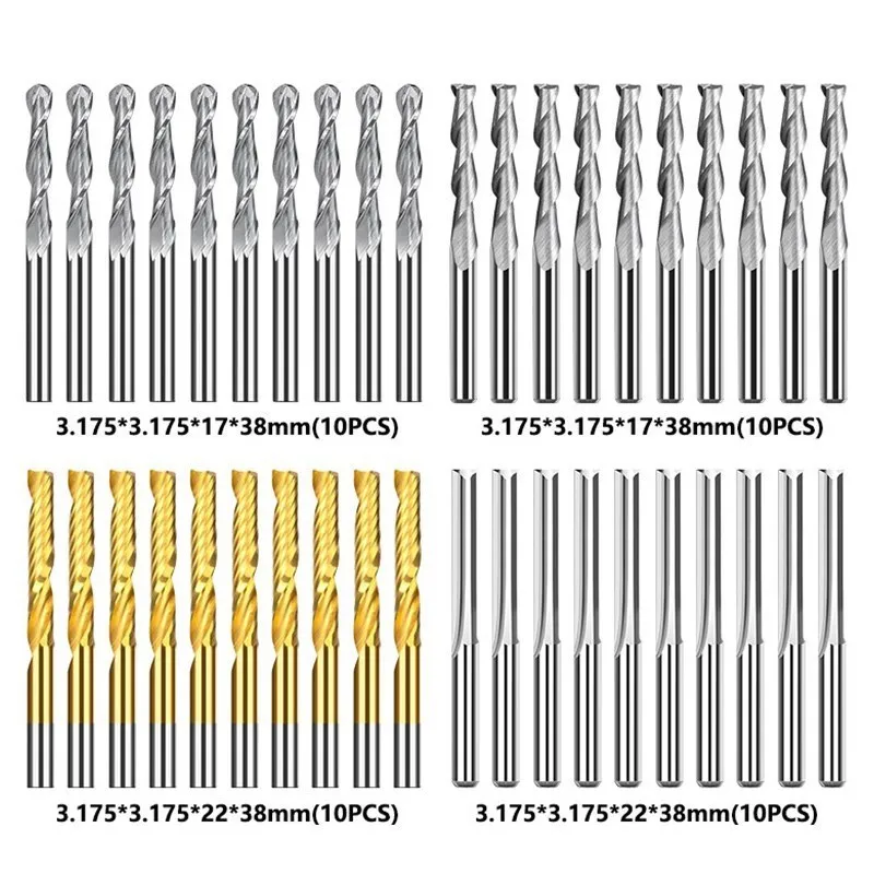 Milling Cutter 10pcs 3.175mm Shank Ball Nose End Mill 2 Flute Flat CNC Router Bits PCB Milling Cutter for Woodworking Tools