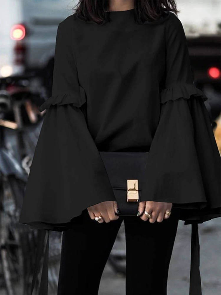 

UOOZEE Women's Flared Sleeves Cotton White Zipper Tops Loose Ruffled Solid Color Split-Joint Round-Neck Casual T-Shirts