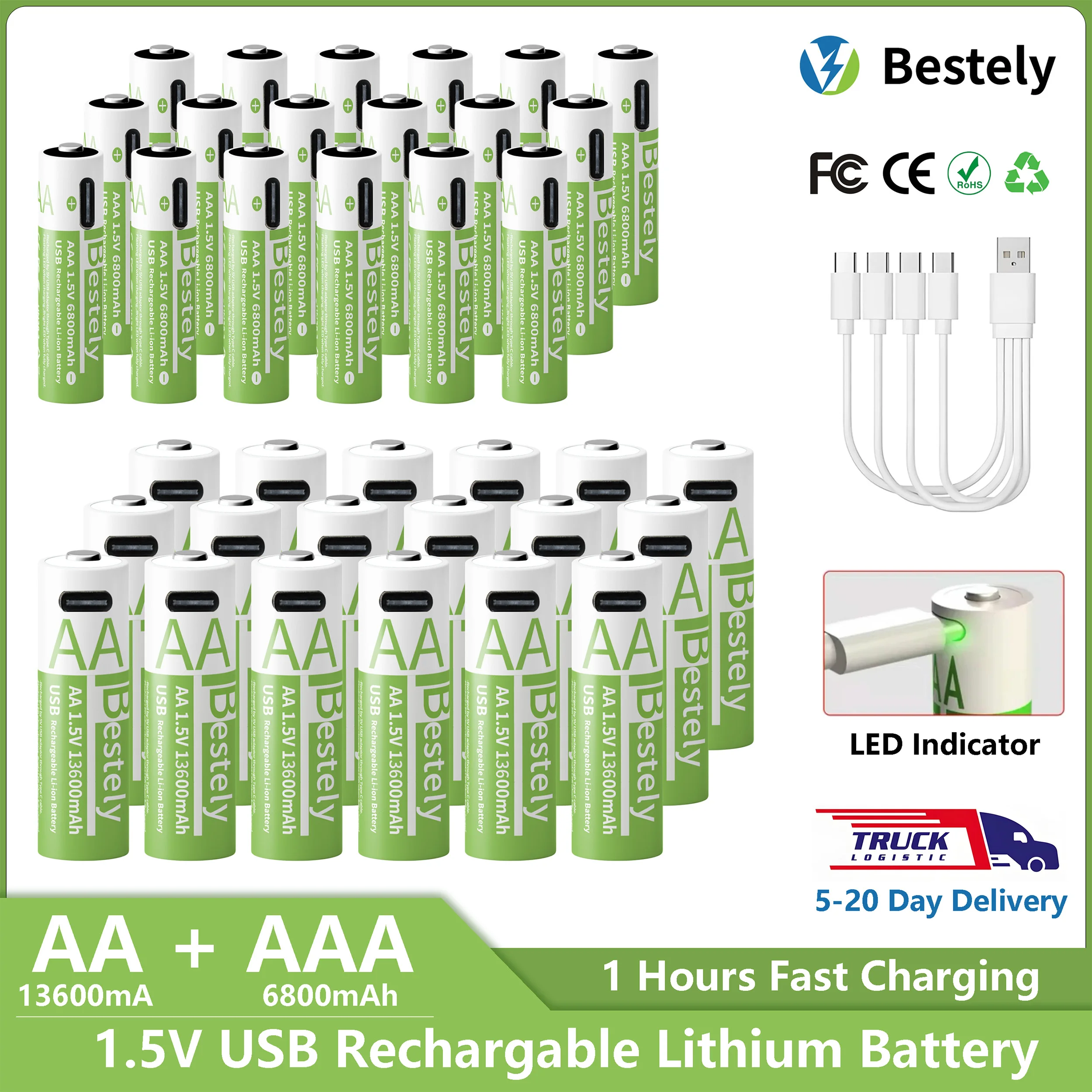 1.5V AA 13600mAh + AAA 6800mAh Rechargeable Lithium Battery Set with USB-C Fast Charging Type C Cable