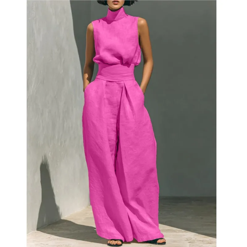 

Sleeveless top+wide leg pants women's summer casual two-piece set elegant and loose office set high street pocket women's set