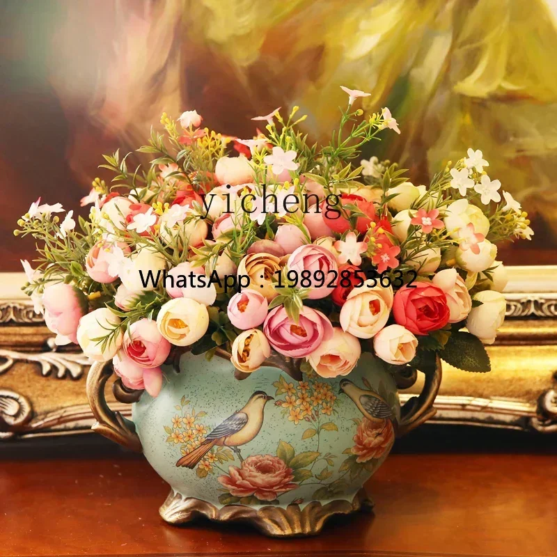 1  European Ceramic Vase Creative Ornament Living Room Decoration Vintage American Style Artificial Dried Flowers