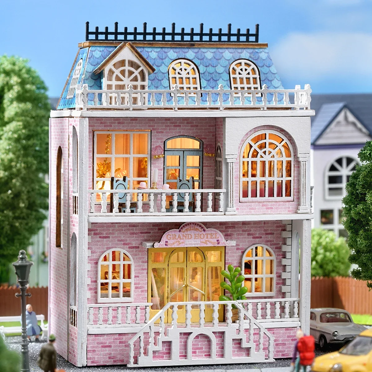 Mini model montażowy różowa księżniczka willa zestaw architektury ręcznie robione puzzle 3D DIY domek dla lalek zabawka dom kreatywny pokój sypialnia Decora