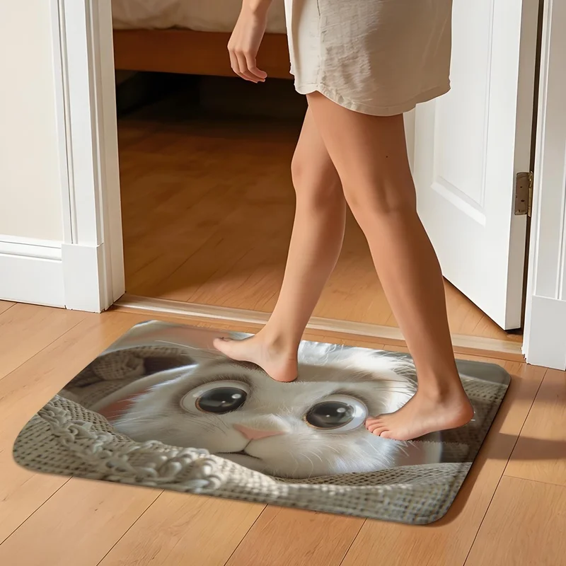 Cute White Bunny Rabbit Portrait Print Doormat Non Slip Absorbent Floor Mat Animal Entryway Bathroom Decor Rug