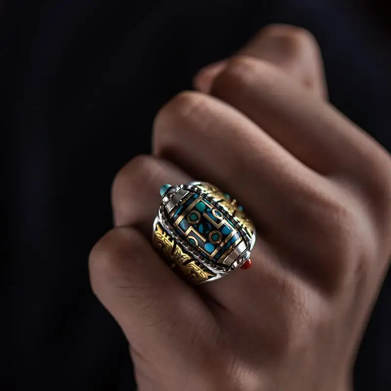 Rotating Nine-Eye Dzi Bead , Thai Silver, Six-Character Mantra, Inlaid With Turquoise, Vintage Adjustable Ring