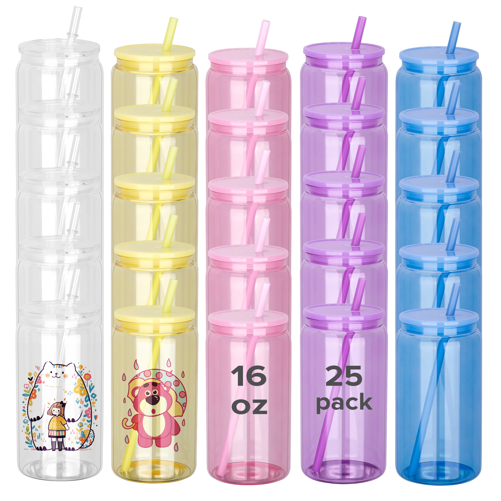 

FASTSUB 25 Pack Colorful Clear Sublimation Glass Cups Blanks,16 OZ Borosilicate Can Glass Tumblers ,For Tumbler Press Machine