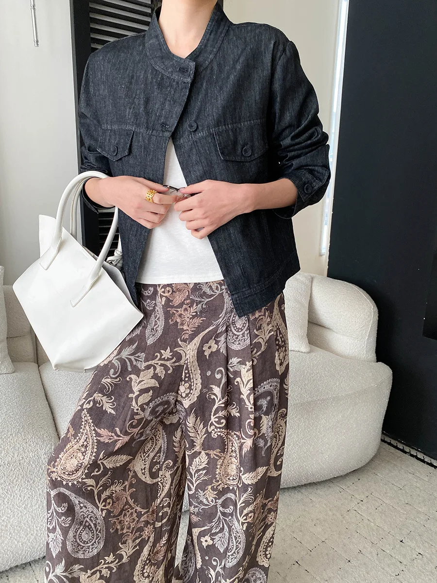 Autumn new retro casual solid color stand up collar long sleeved split jacket denim jacket