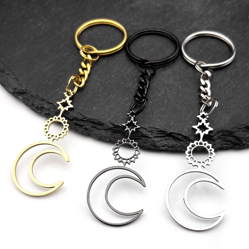 European American Vintage Hollow Moon Keychain Stainless Steel Personalized Pattern Key Ring Trendy Hanging Accessory
